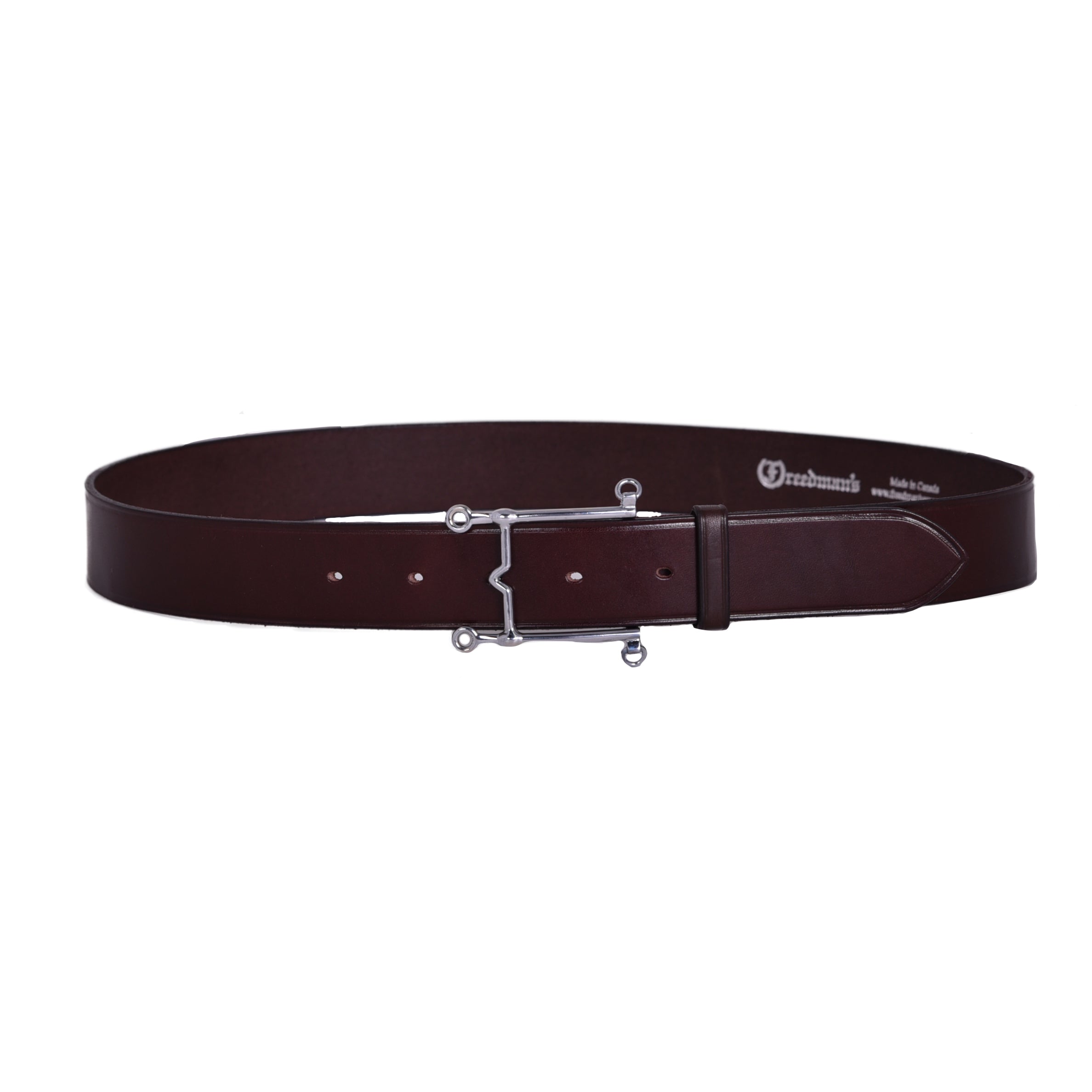 Weymouth Bit Buckle Belt, dark brown leather, silver bit-shaped buckle, embossed "Freedman's" logo on leather loop, shown on white background.