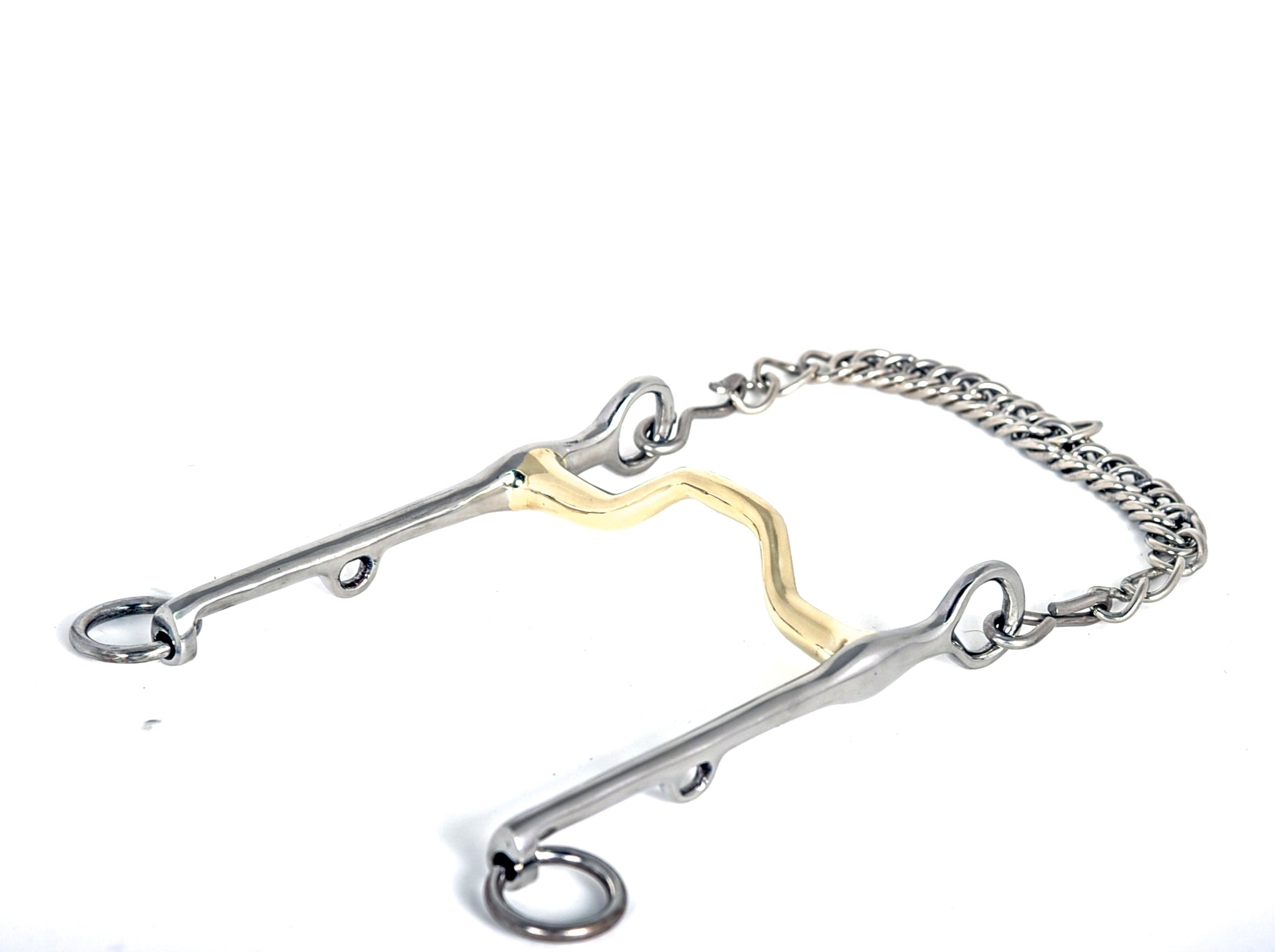 Silver Square Port Weymouth Bit 4 3/4" (12.5cm) with gold-colored mouthpiece and curb chain, displayed on a white background.