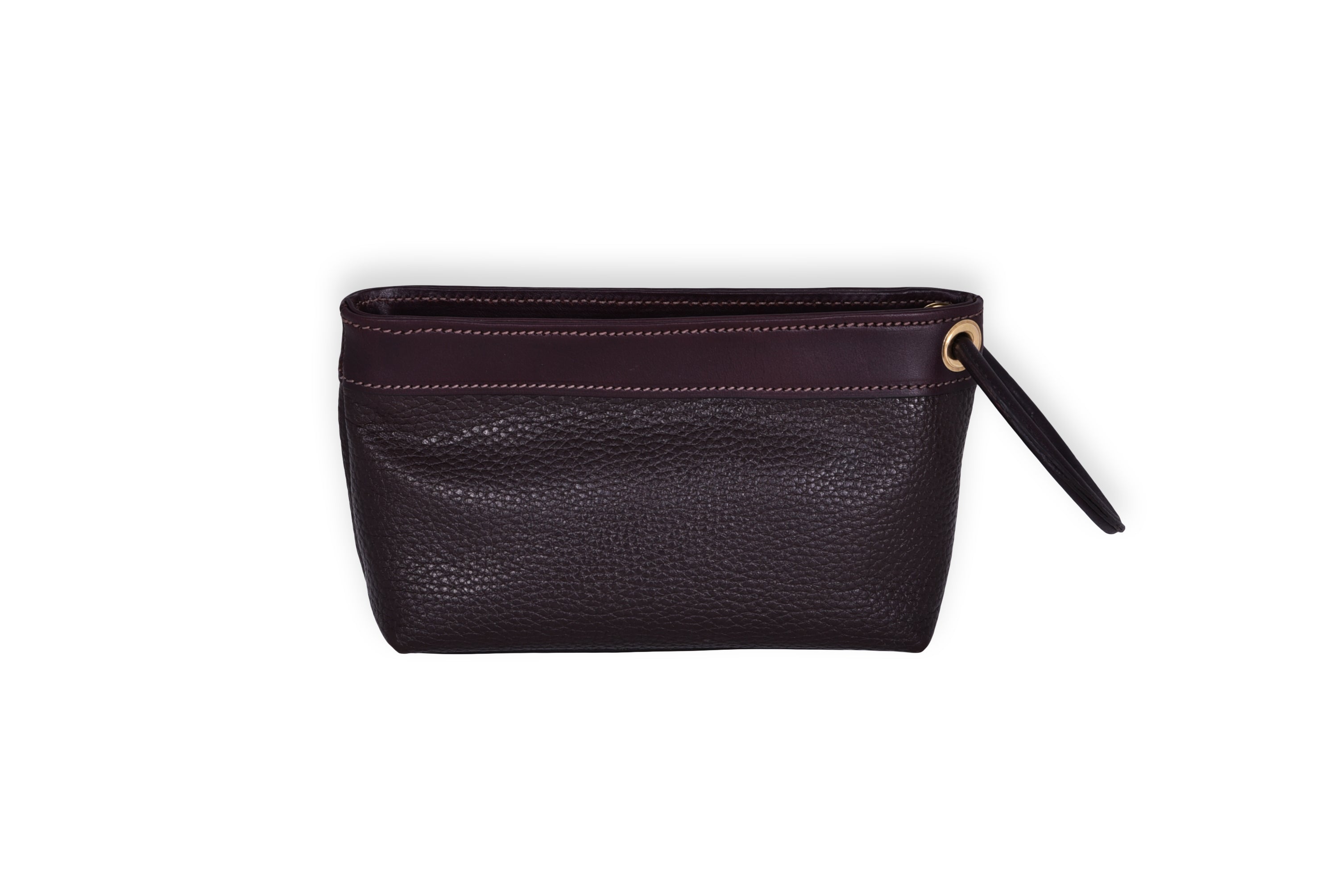 Brown Pebble leather Ring Wristlet with patent leather accent and ring detail. Back view