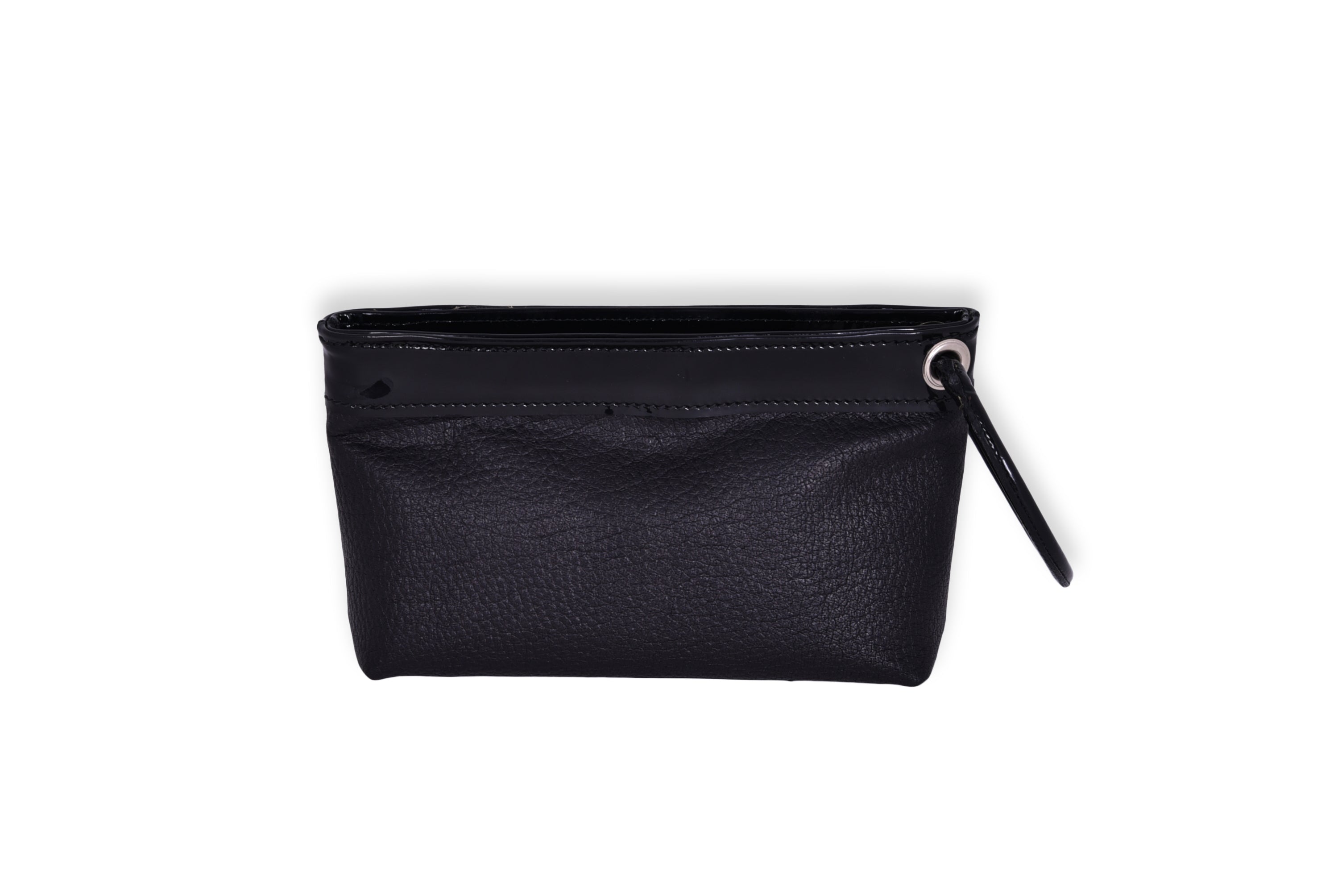 Brown Pebble leather Ring Wristlet with patent leather accent and ring detail. Back view