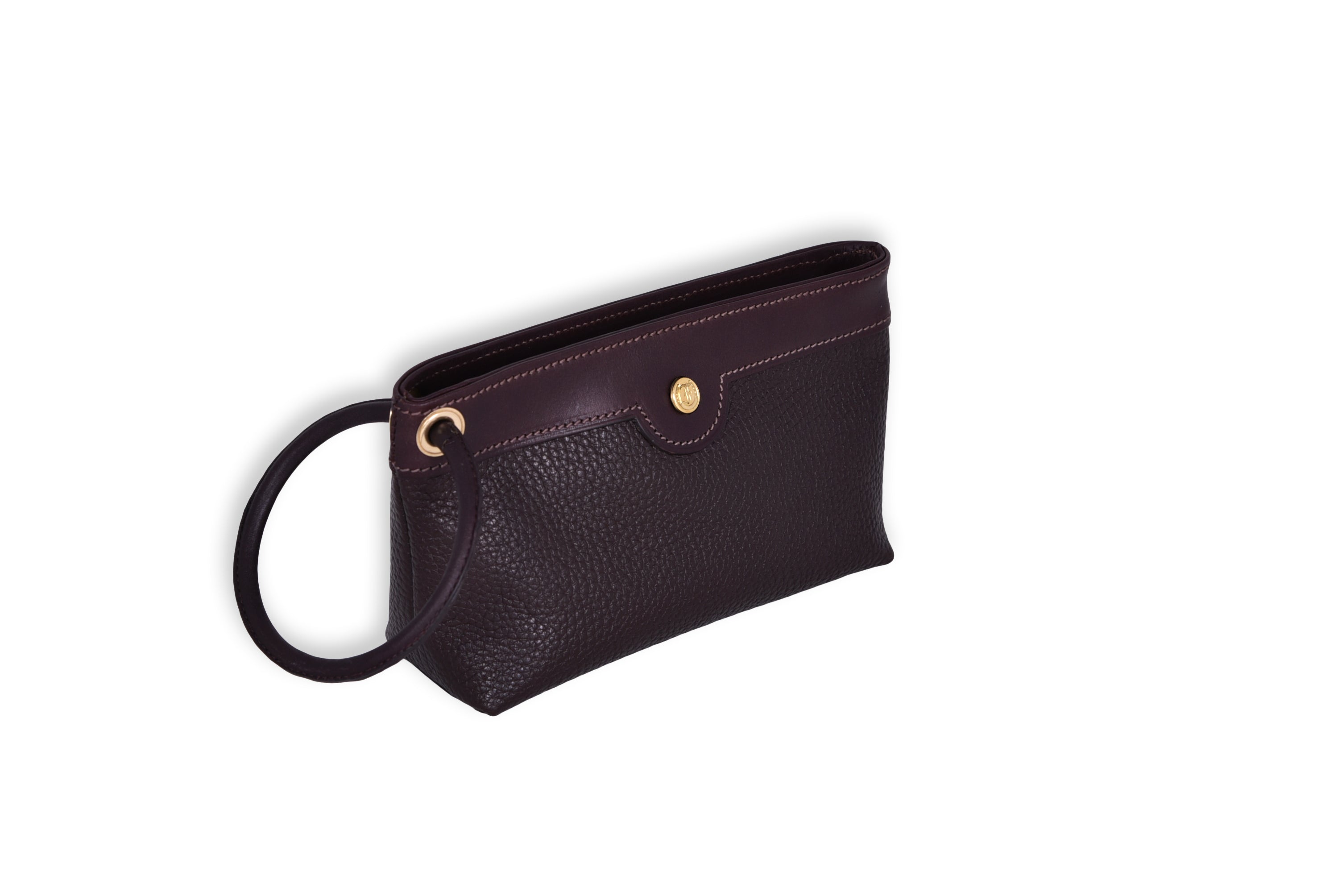 Brown leather Ring Wristlet with patent leather accent and ring detail, angled view.