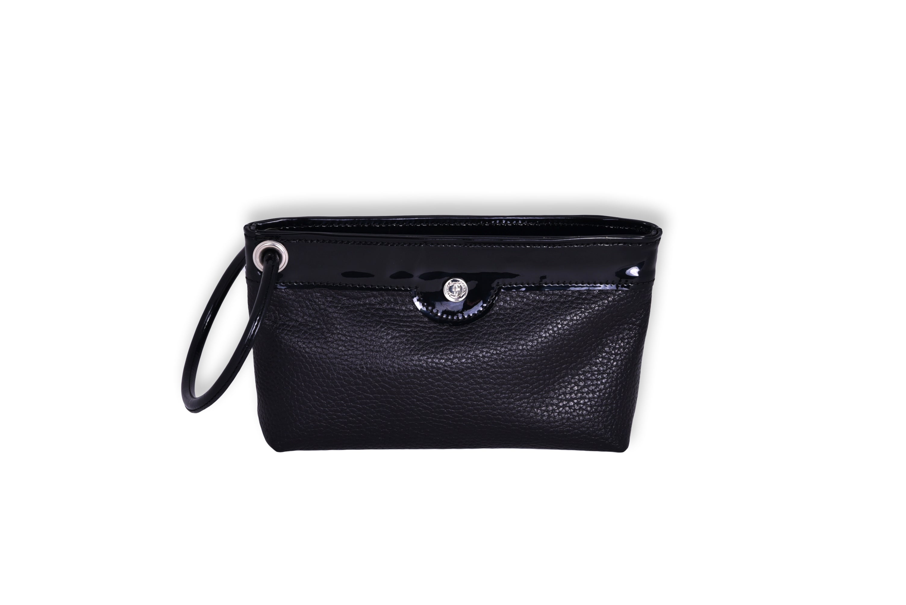 Black Pebble leather Ring Wristlet with patent leather accent and ring detail.