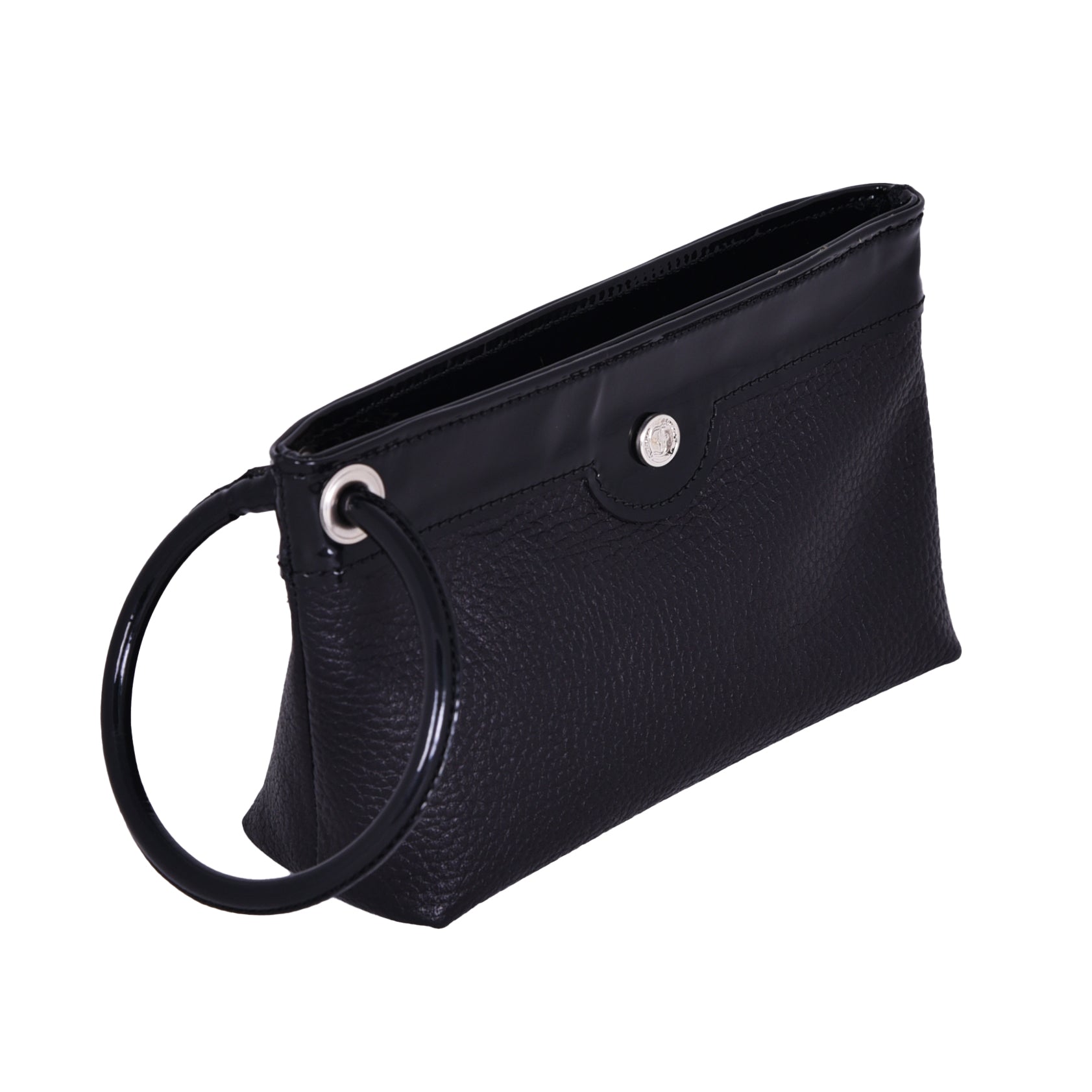 Black leather Ring Wristlet with patent leather accent and ring detail, angled view.