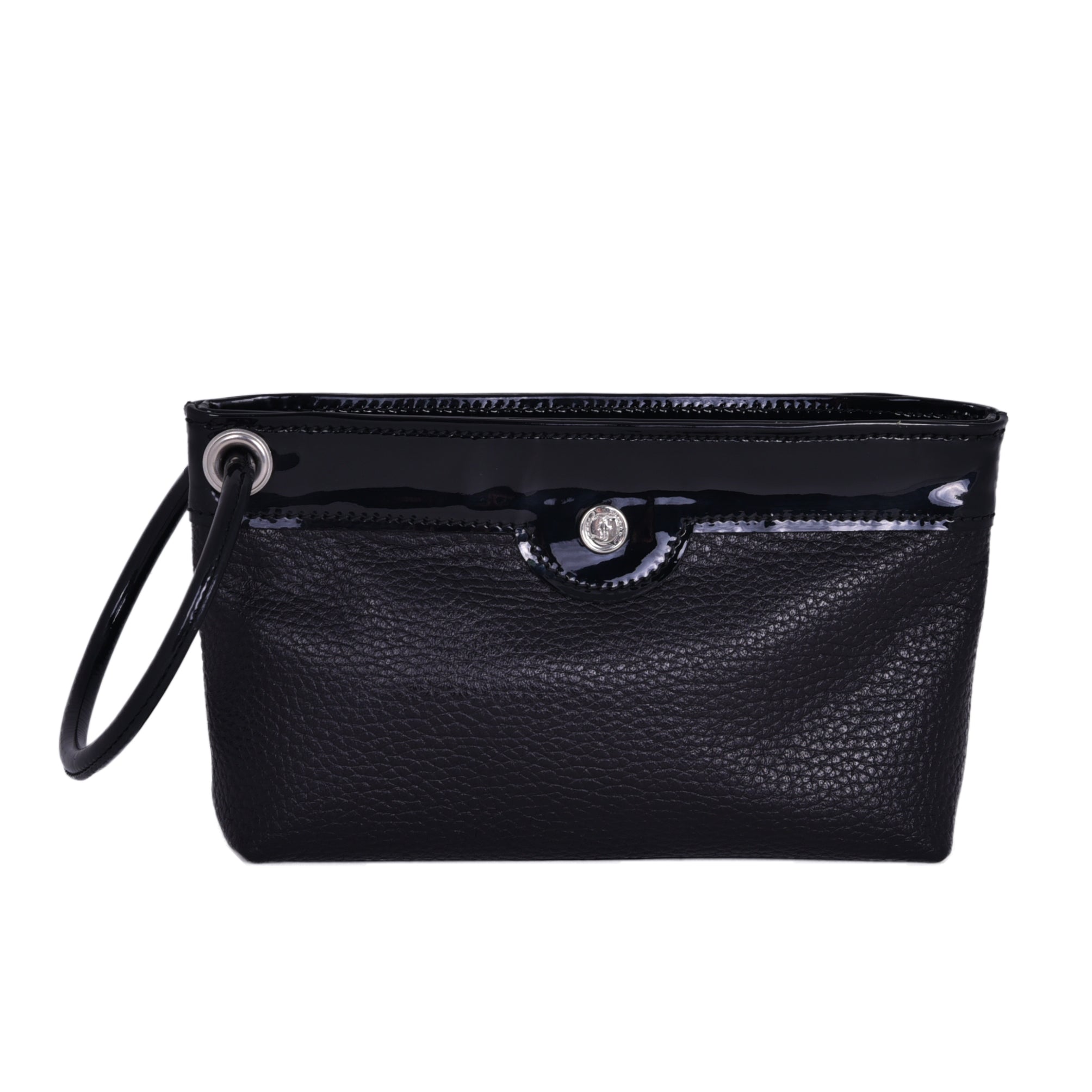 Black Pebble leather Ring Wristlet with patent leather accent and ring detail.