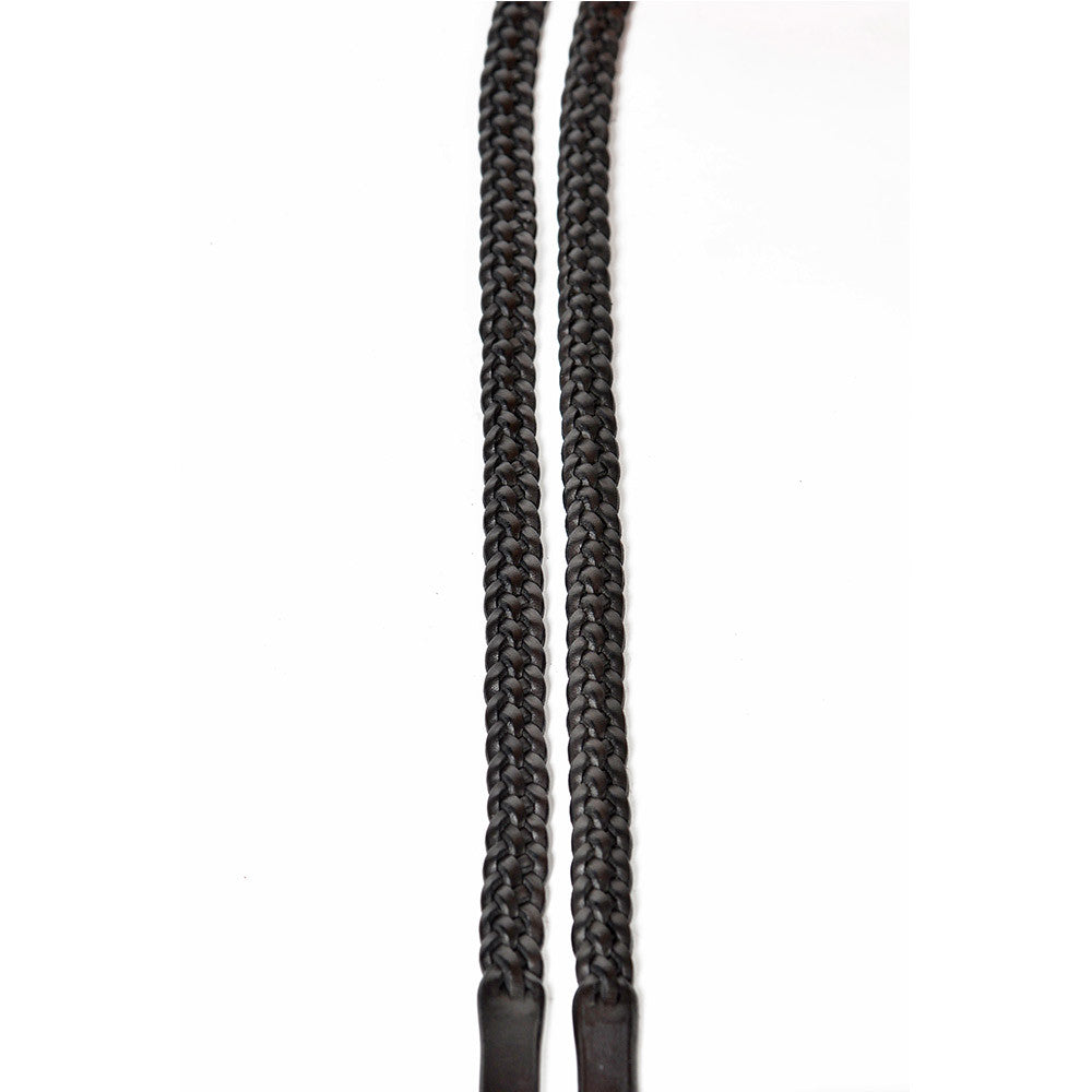 Close-up of braided reins (plaited) on a white background.