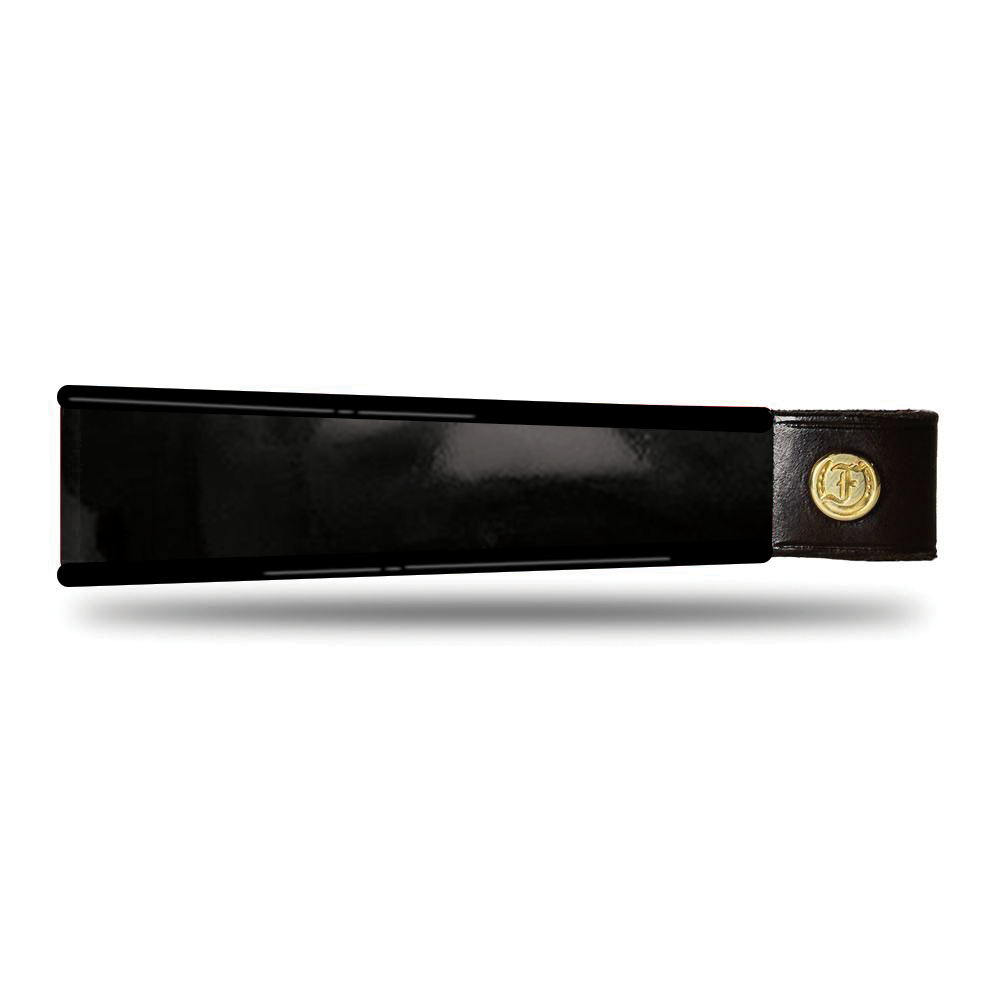 Black browband, patent leaher, wide tapered design, turned edge, polished brass Freedman logo buttons, laid flat.