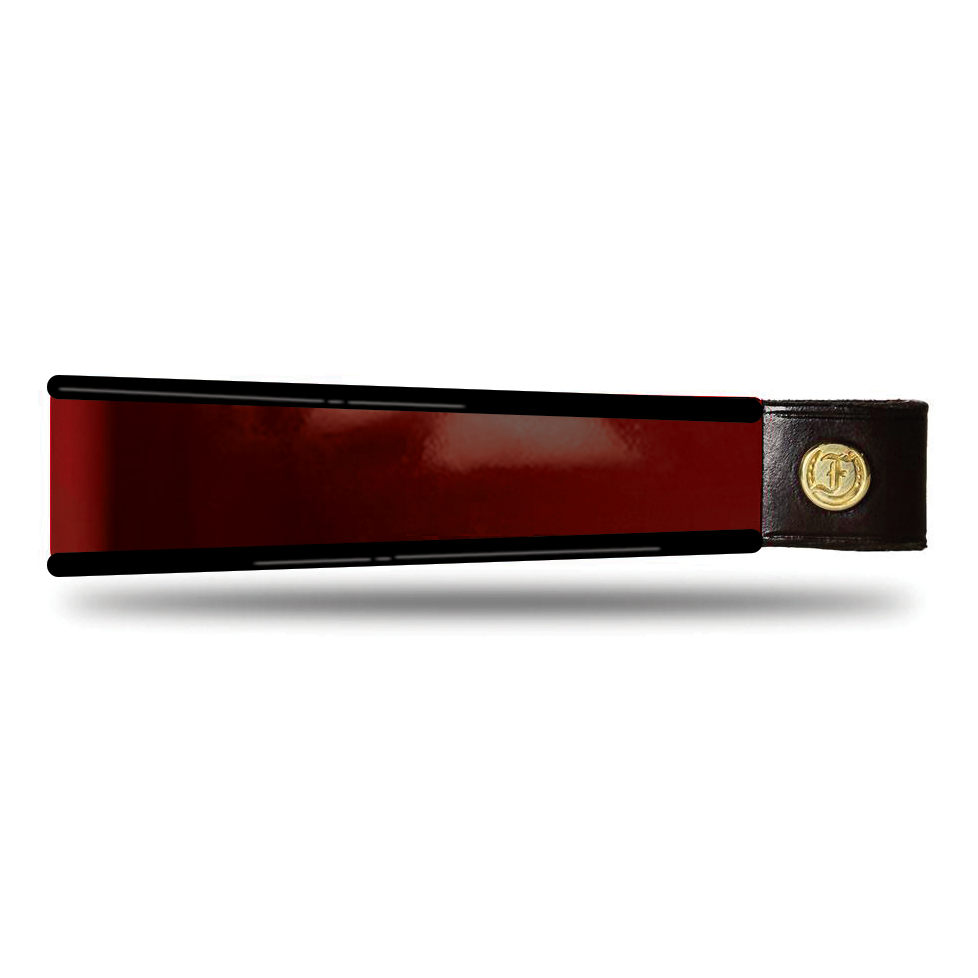 Burgundy and black patent leather browband, wide tapered design, turned edge, polished brass Freedman logo buttons, laid flat.