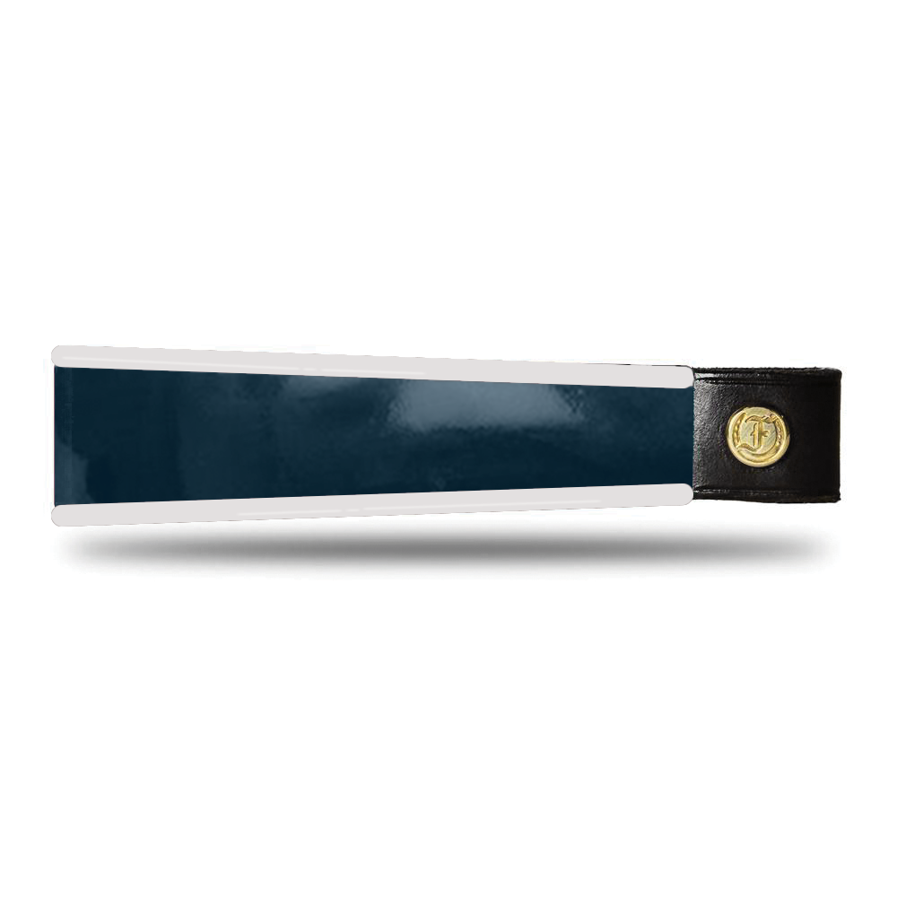 Navy Blue and white patent leather browband, wide tapered design, turned edge, polished brass Freedman logo buttons, laid flat