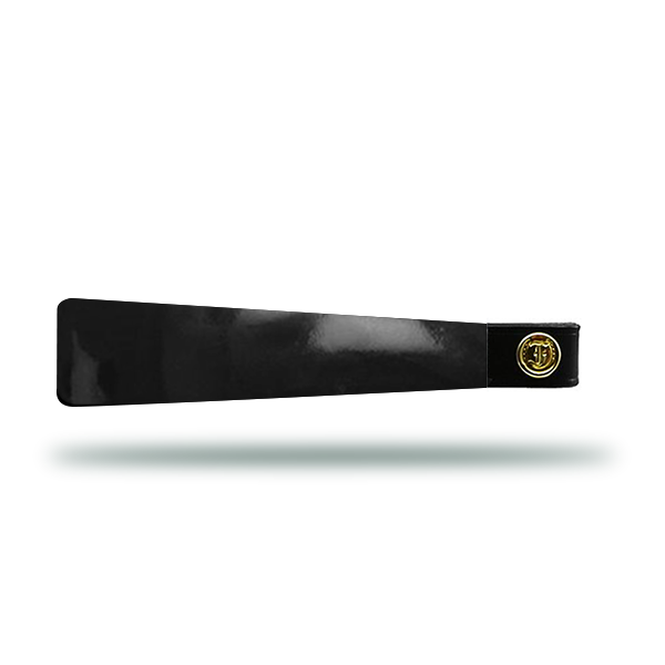 Black patent leather horse browband with gold hardware with Freedman’s logo.