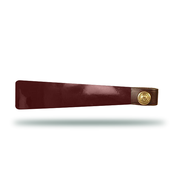 Burgundy patent leather horse browband with gold hardware with Freedman’s logo.