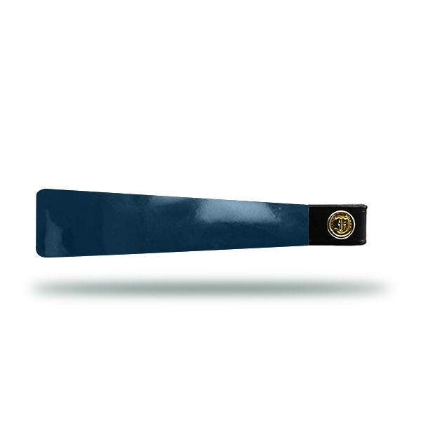 Navy Blue patent leather horse browband with gold hardware with Freedman’s logo.