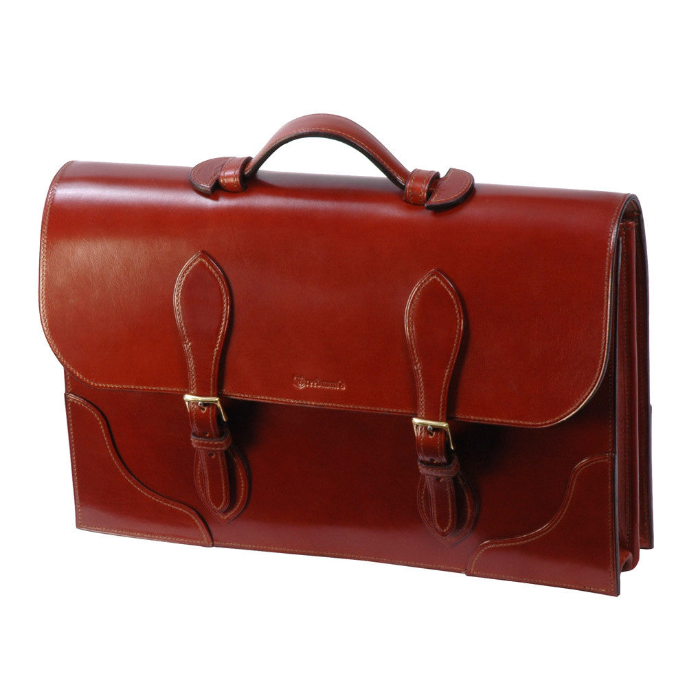 Freedman's Classic Briefcase: Cognac Leather Briefcase with Flap Closure, Buckle Details, and Top Handle
