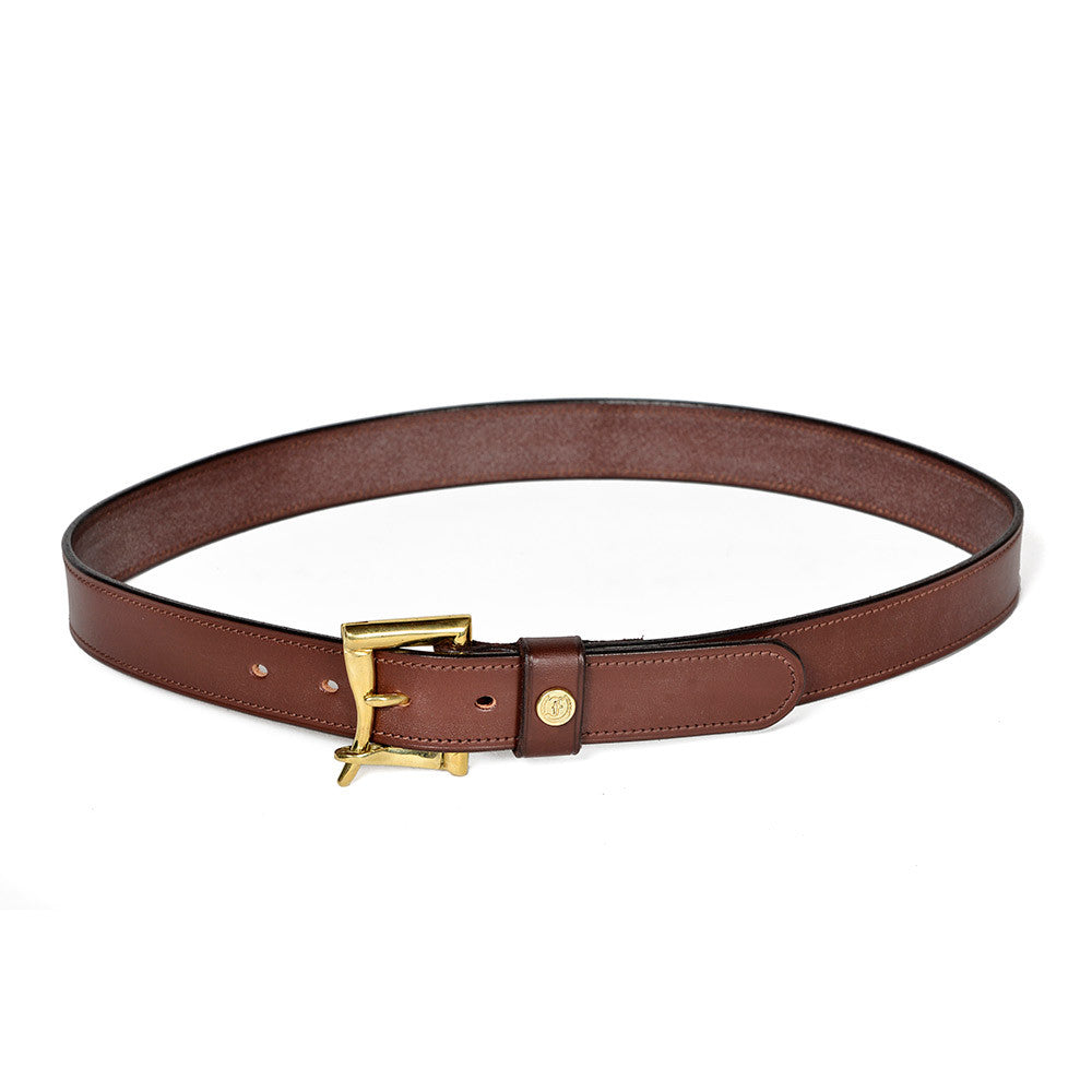 Freedman's Marshalay Belt, featuring brown leather, a gold-tone buckle with a stylized "F" design, and a small embossed logo on the loop.