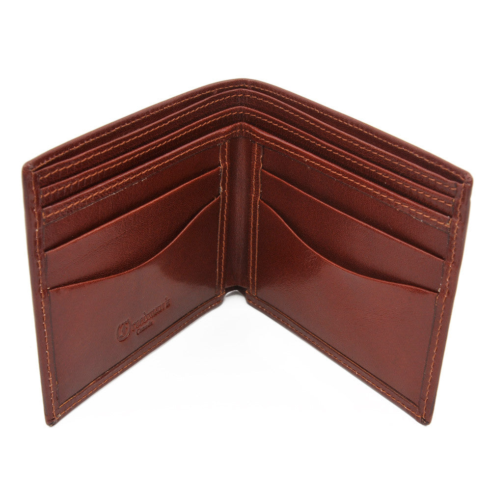 Freedman's Men's Wallet, open, brown leather, featuring multiple card slots, a bill compartment, and a small embossed logo.