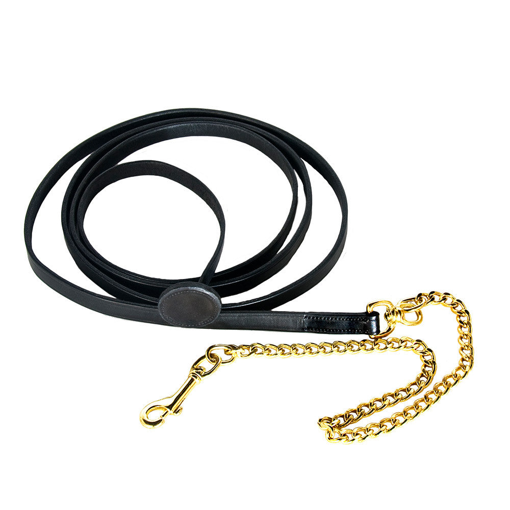 Black leather Show Lead Shank with brass steel chain and snap, coiled on a white background.
