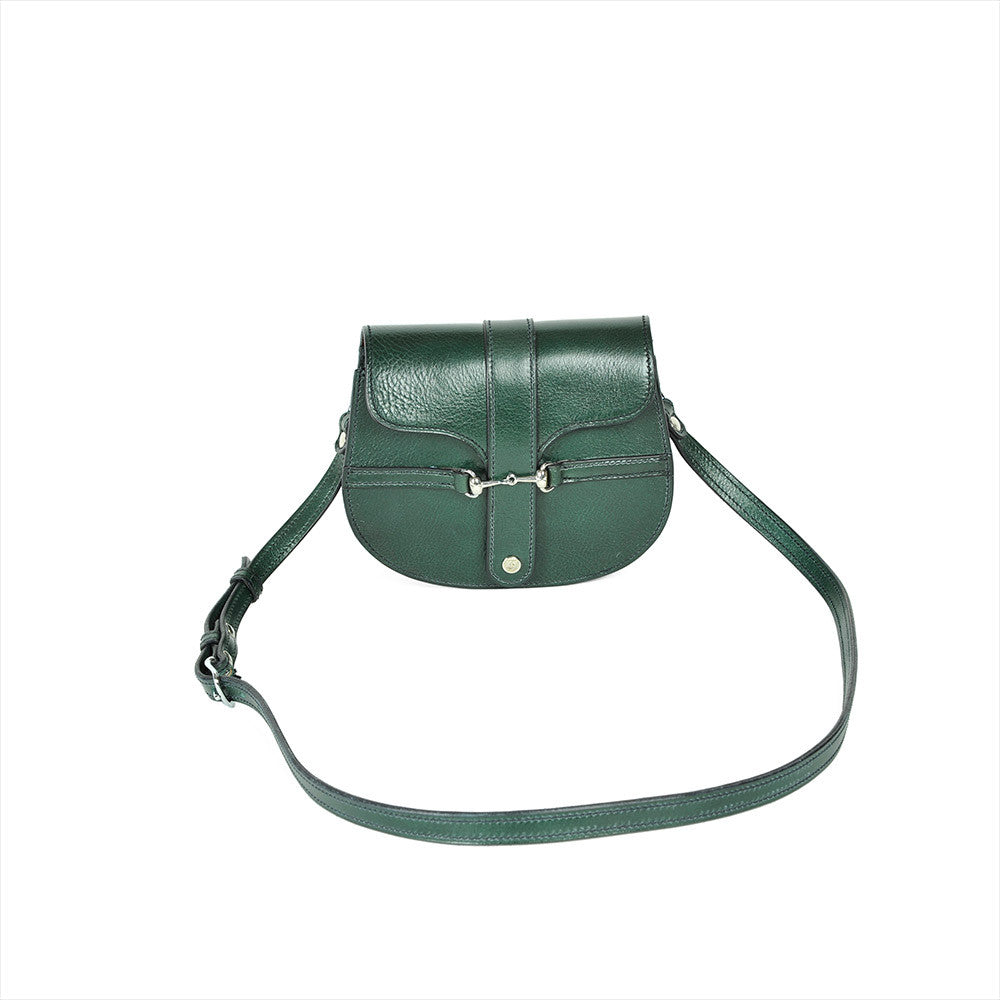 Green leather Small Snaffle Bit Shoulder Bag by Freedman's with gold snaffle bit hardware and adjustable strap, displayed on a white background.