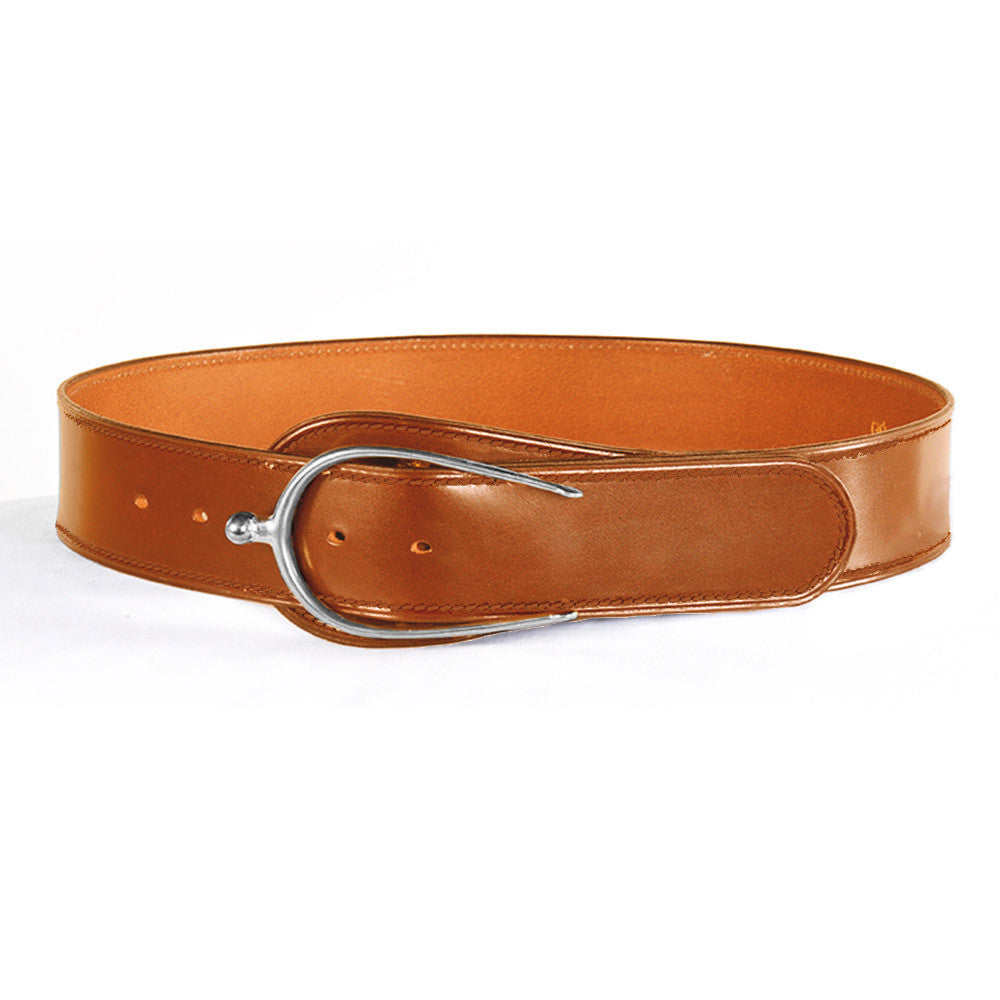 Cognac leather Spur Belt by Freedman's with chrome spur buckle and white stitching, displayed on a white background.