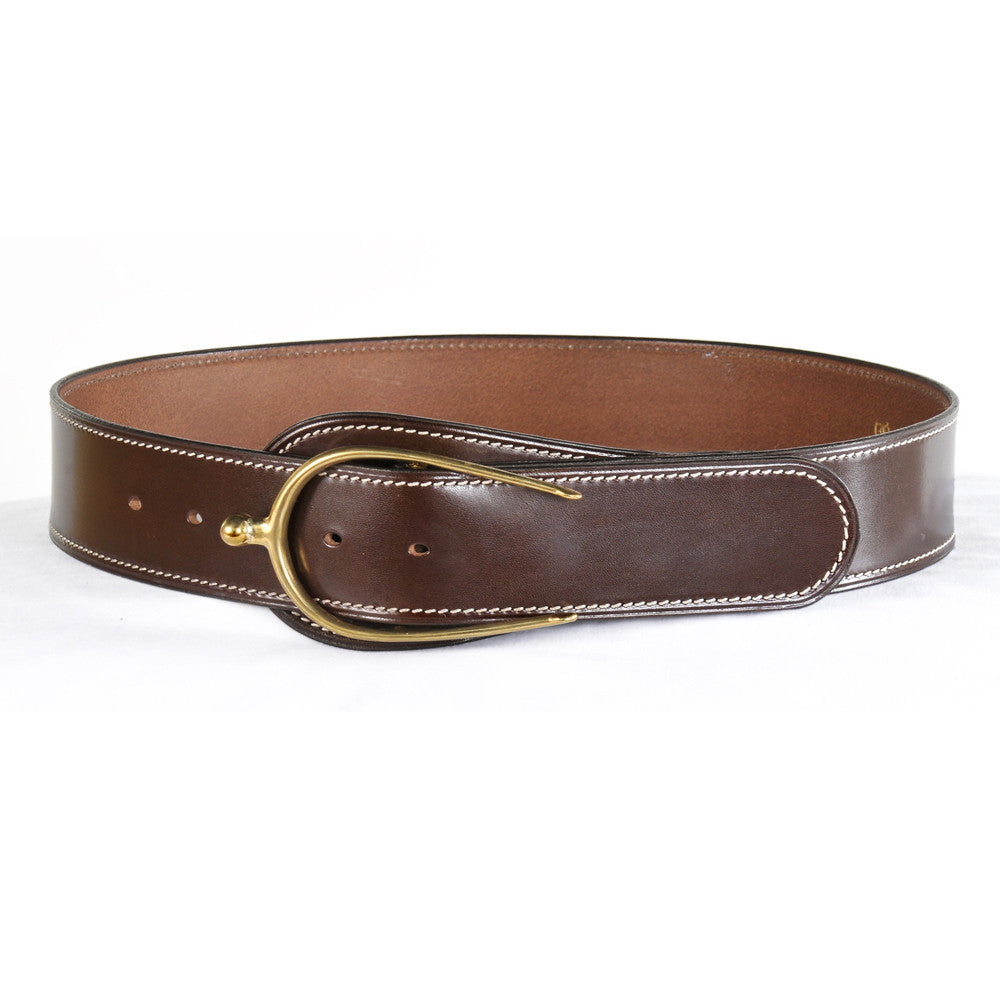 Brown leather Spur Belt by Freedman's with brass spur buckle and white stitching, displayed on a white background.
