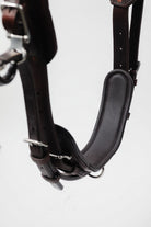 Close-up of a padded brown leather harness component, showing the texture of the leather, the stitching detail, and the metal buckles and rings, isolated on a white background.
