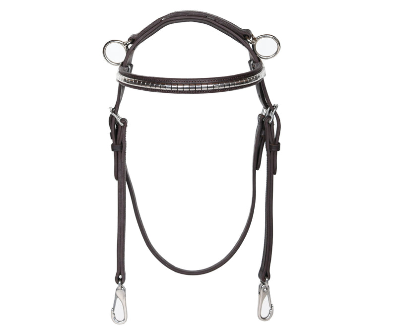 Close-up of an ACTraining Padded Side Check Snap Bridle, showing brown leather construction, padded headstall, buckles, snaps, attached side checks, and stitching details, isolated on a white background