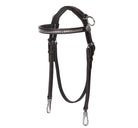 Brown leather padded side check snap bridle with rings, snaps, and a metal browband, isolated on a white background.