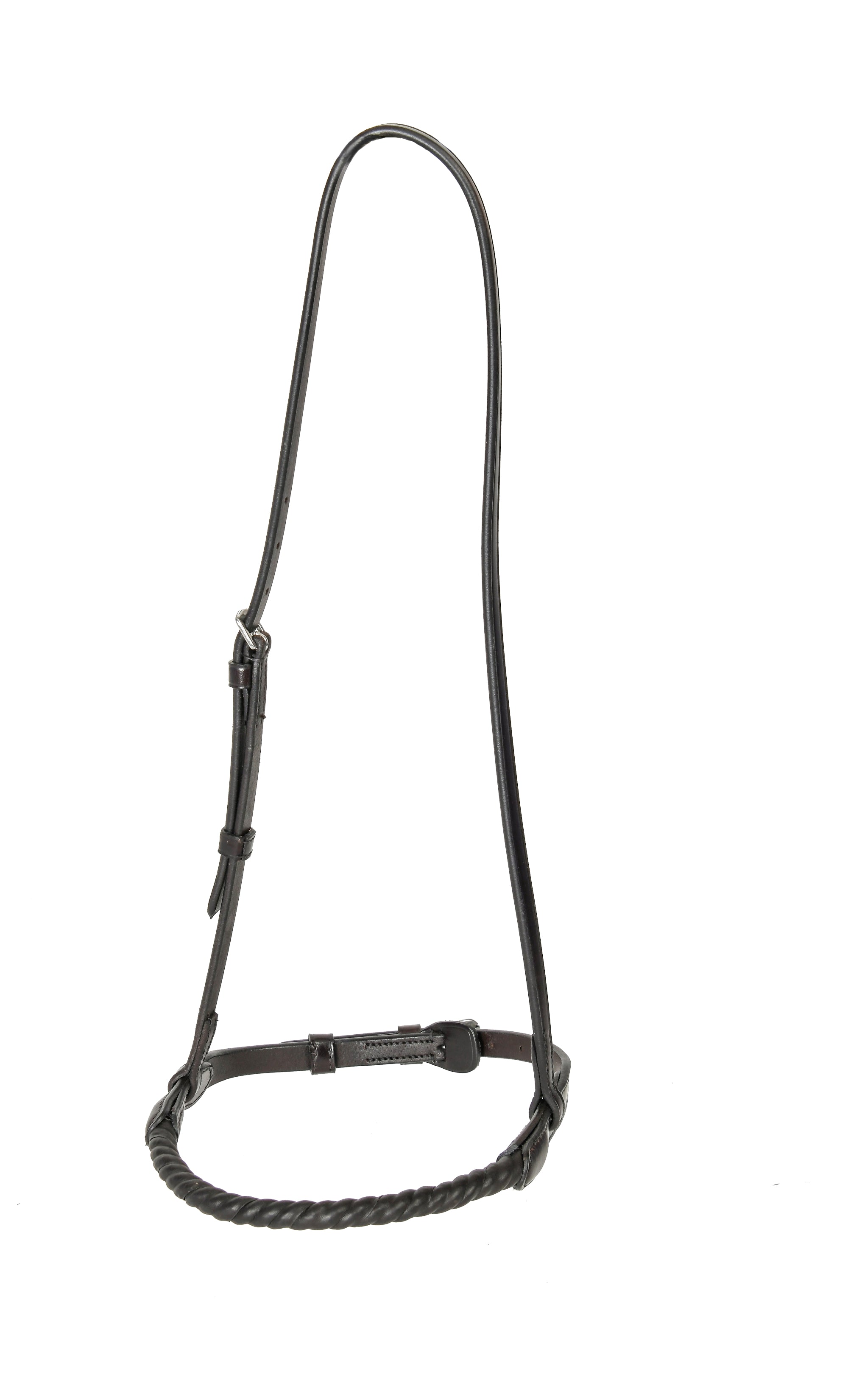 Black rope caveson with adjustable leather straps and buckle, isolated on a white and dark background