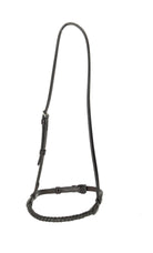 Black rope caveson with adjustable leather straps and buckle, isolated on a white and dark background