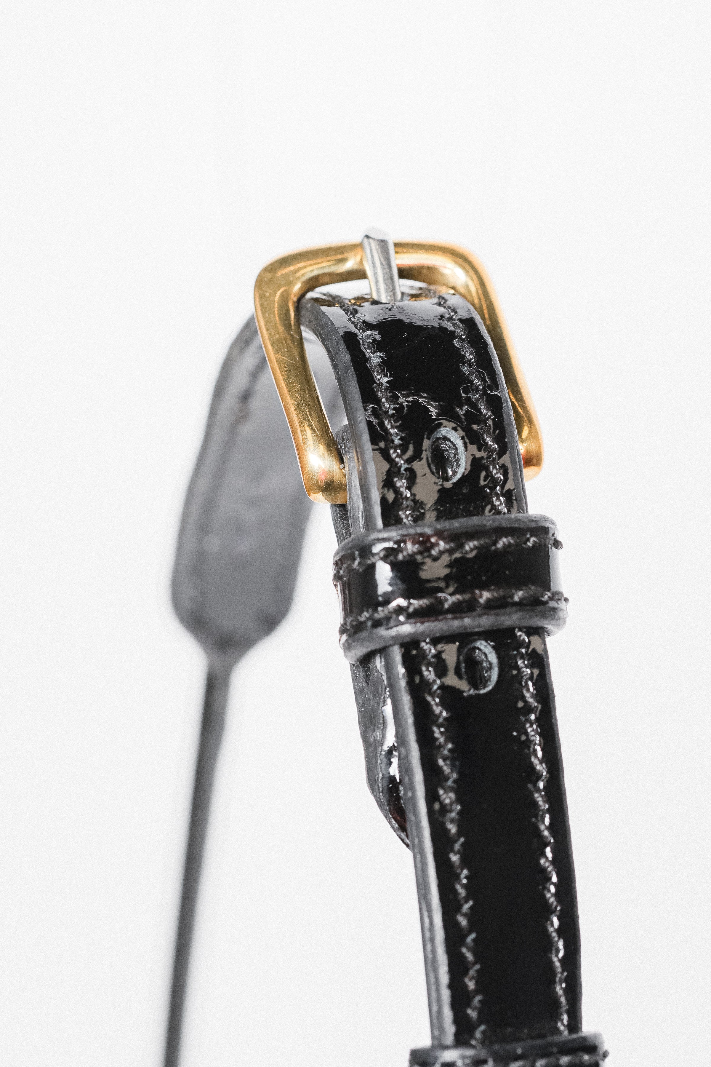  Zoomed-in view of the buckle and strap detail on an Arabian Show Cable Halter. - side top view.