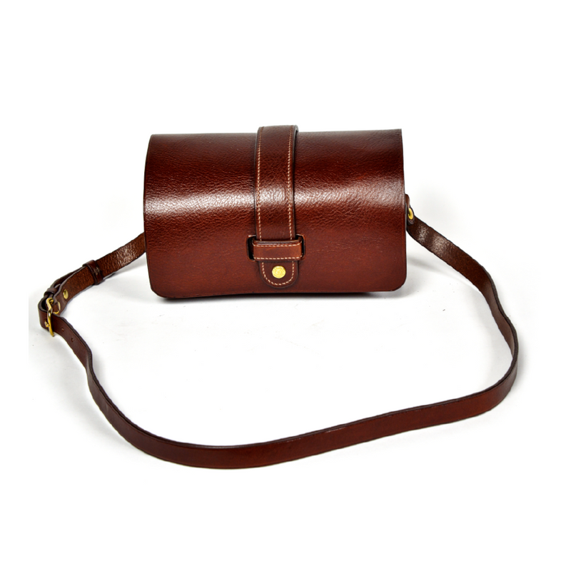 Brown Barrell Bag with a shoulder strap, shown on a white background.