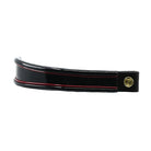 Black and red insert patent leather browband, wide tapered design, turned edge, side view showing leather end and button detail.