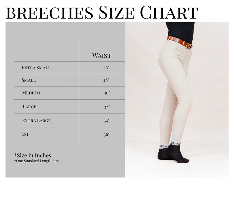 Breeches size chart with waist measurements and a person wearing white breeches on a light background.