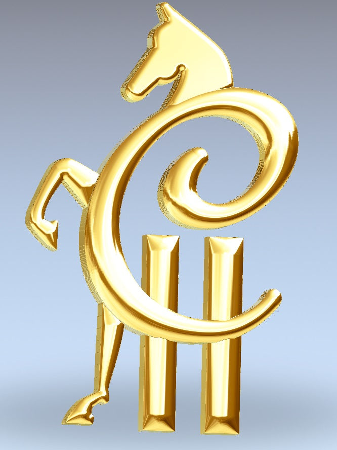 A Custom Browband of a Gold horse graphic with a "C" and two bars which is the logo for Champion Hill