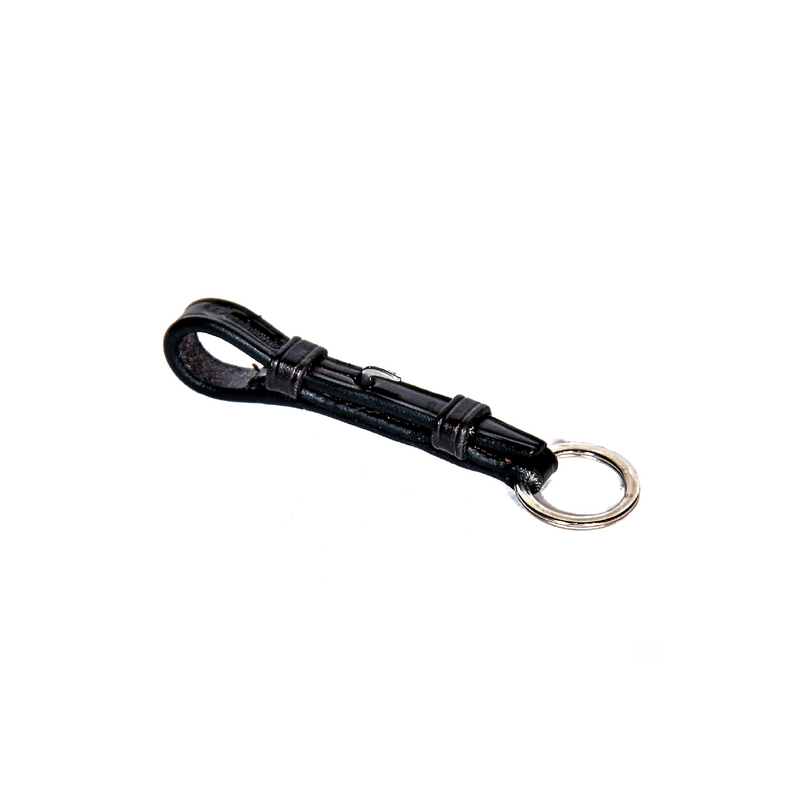 Black leather Bridle Cheek Key Fob on a white background.