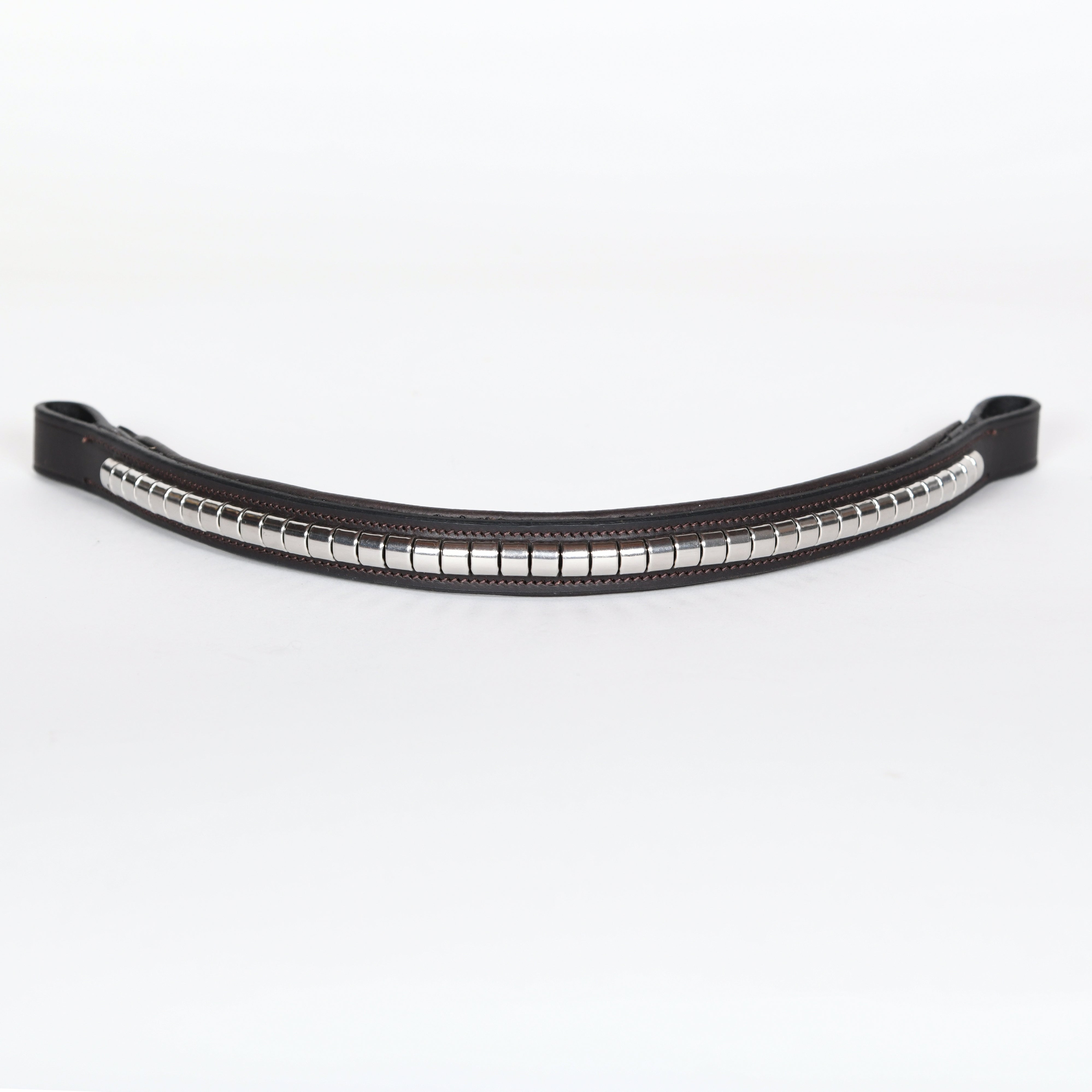 Close-up of an ACTraining clincher chain browband showing metal links and leather trim.

