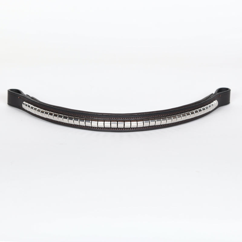 Detail of a brown leather padded side check snap bridle component with a metal browband, isolated on a white background.