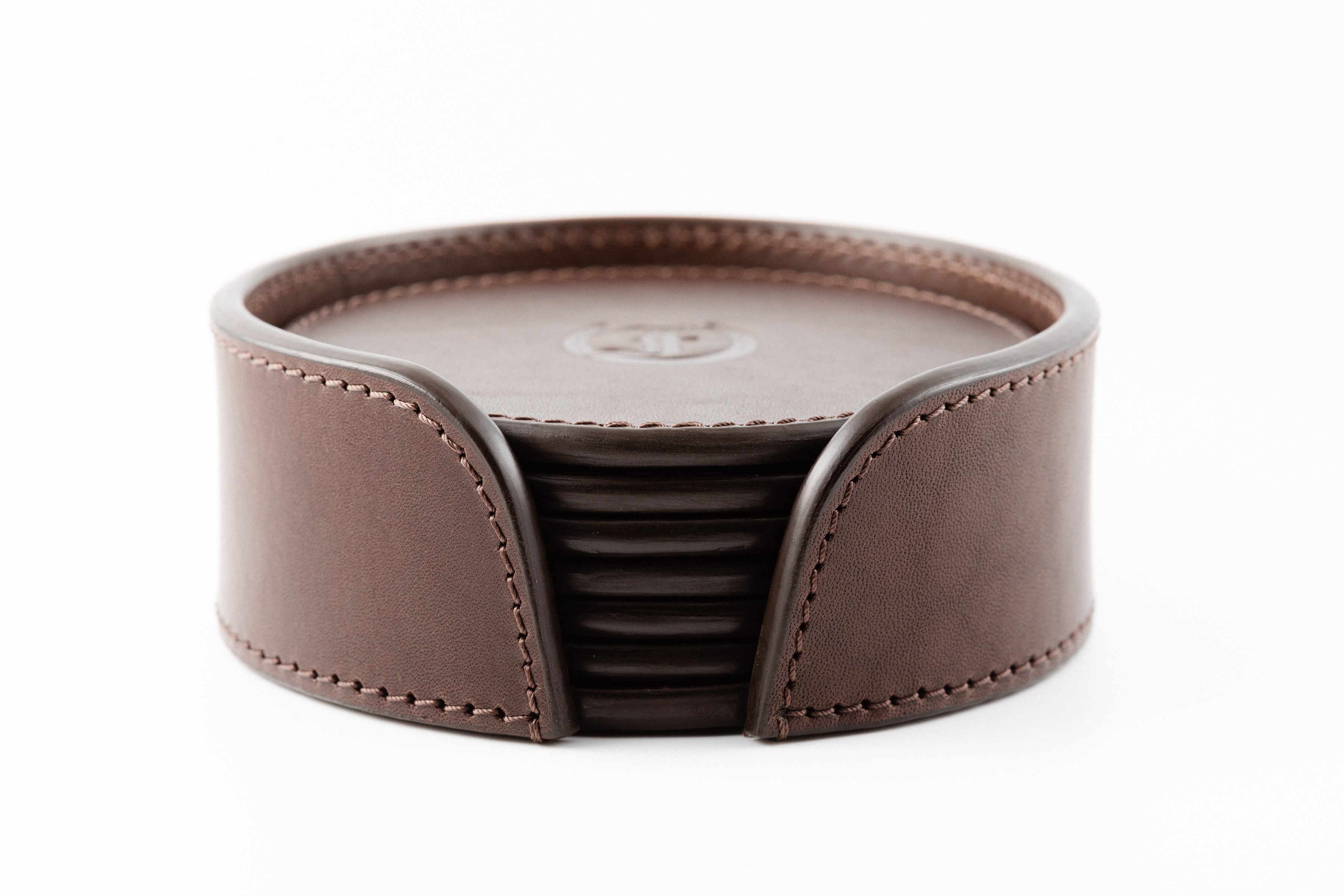 Freedman's Brown Leather Coaster Set in Holder - Set of 6