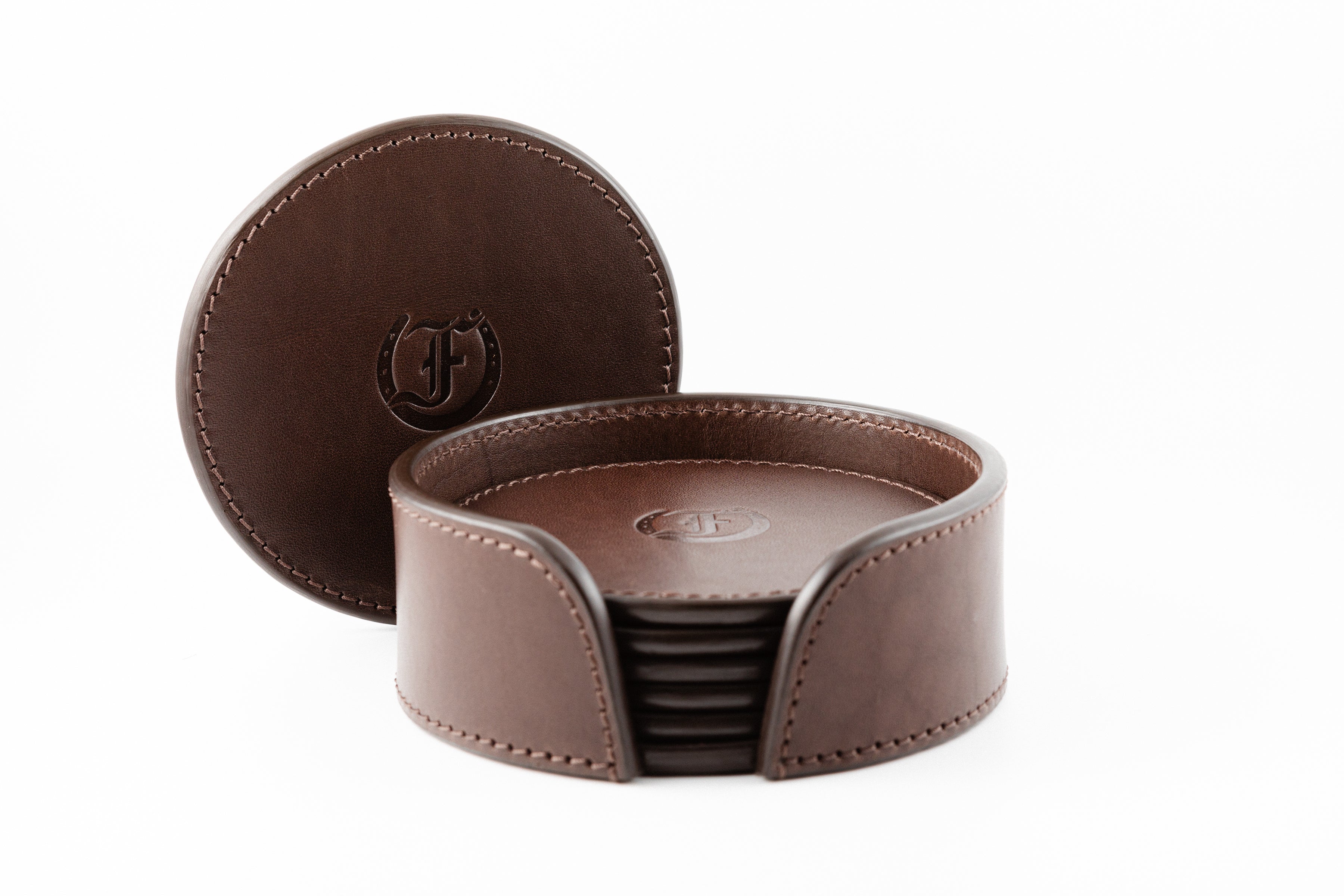 Set of Brown Leather Coasters in Holder by Freedman's, Each Coaster Features the Distinctive Freedman’s Monogram