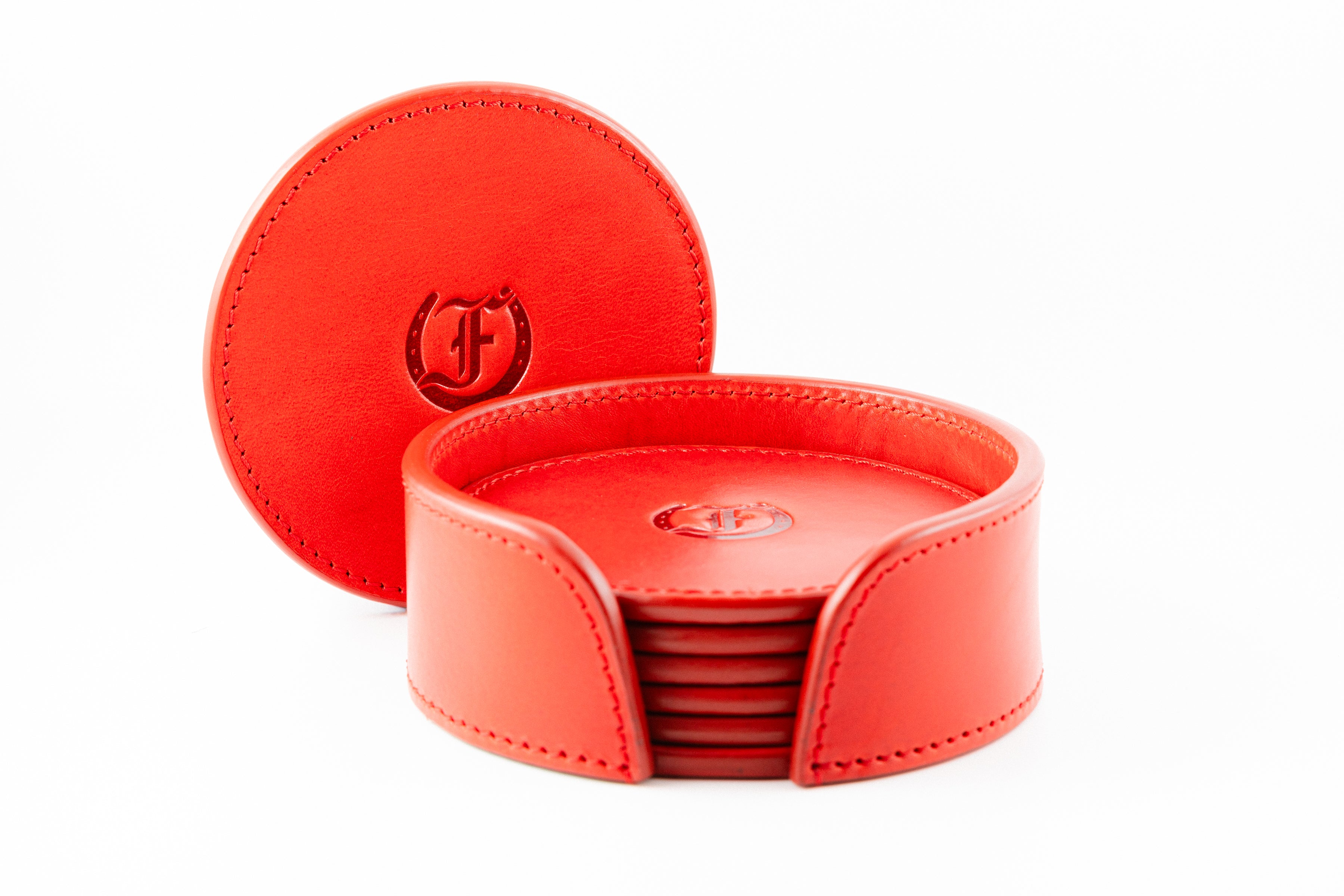 Set of Red Leather Coasters in Holder by Freedman's, Each Coaster Features the Distinctive Freedman’s Monogram