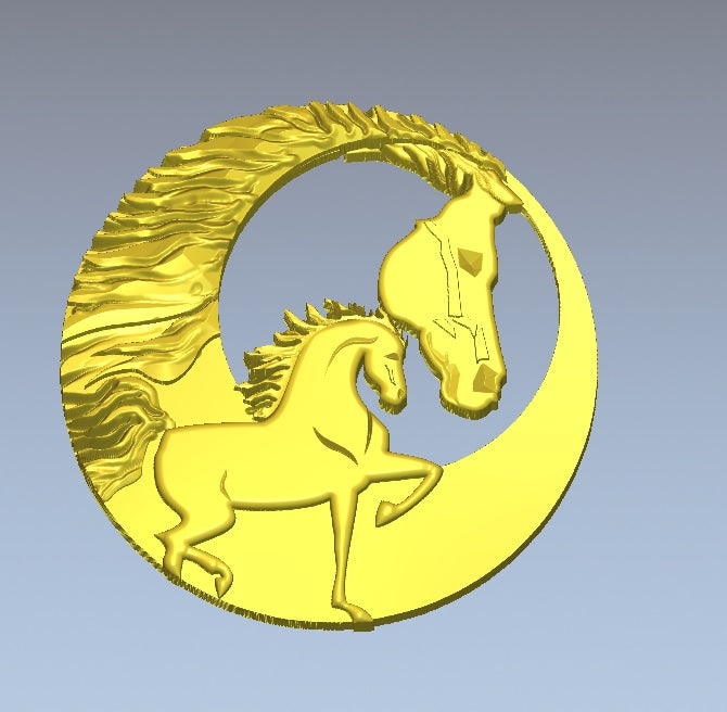 Design element, possibly related to a "Brow Band Wide Tapered Black 13" Brow Band with Gold Insert and Copperhill logo," featuring two horse heads within a crescent shape.