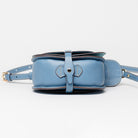 Side View of Freedman's Blue Leather Derby Shoulder Bag: Saddle-Inspired Flap Closure and Detailed Stitching