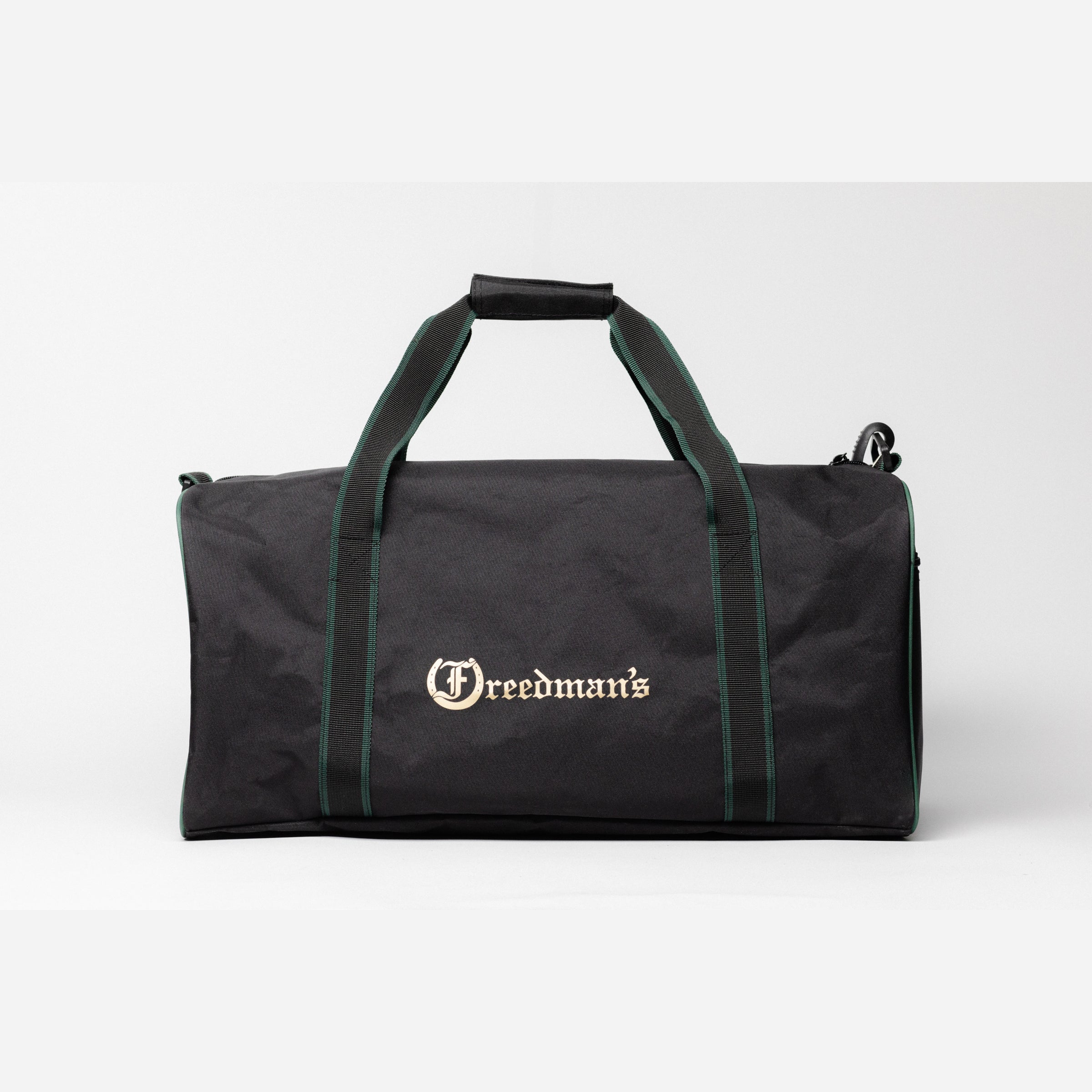 Team Freedman's Duffel Bag, black with green trim and gold logo.