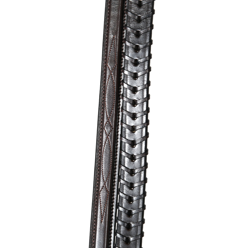 Close-up of brown leather Square Fancy Stitched Snaffle Laced Front Reins 5/8" by Freedman's, showing detailed stitching and laced texture on a white background.