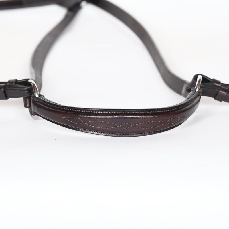 Close-up of brown leather Square Fancy Stitched Hunter Breast Plate by Freedman's with decorative stitching and silver hardware, displayed on a white background.