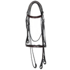 Brown leather bridle with fancy stitching on browband and noseband, displayed on a white background.