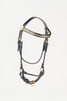 Black leather horse halter with gold braided trim and gold-tone hardware, shown on a plain white background.