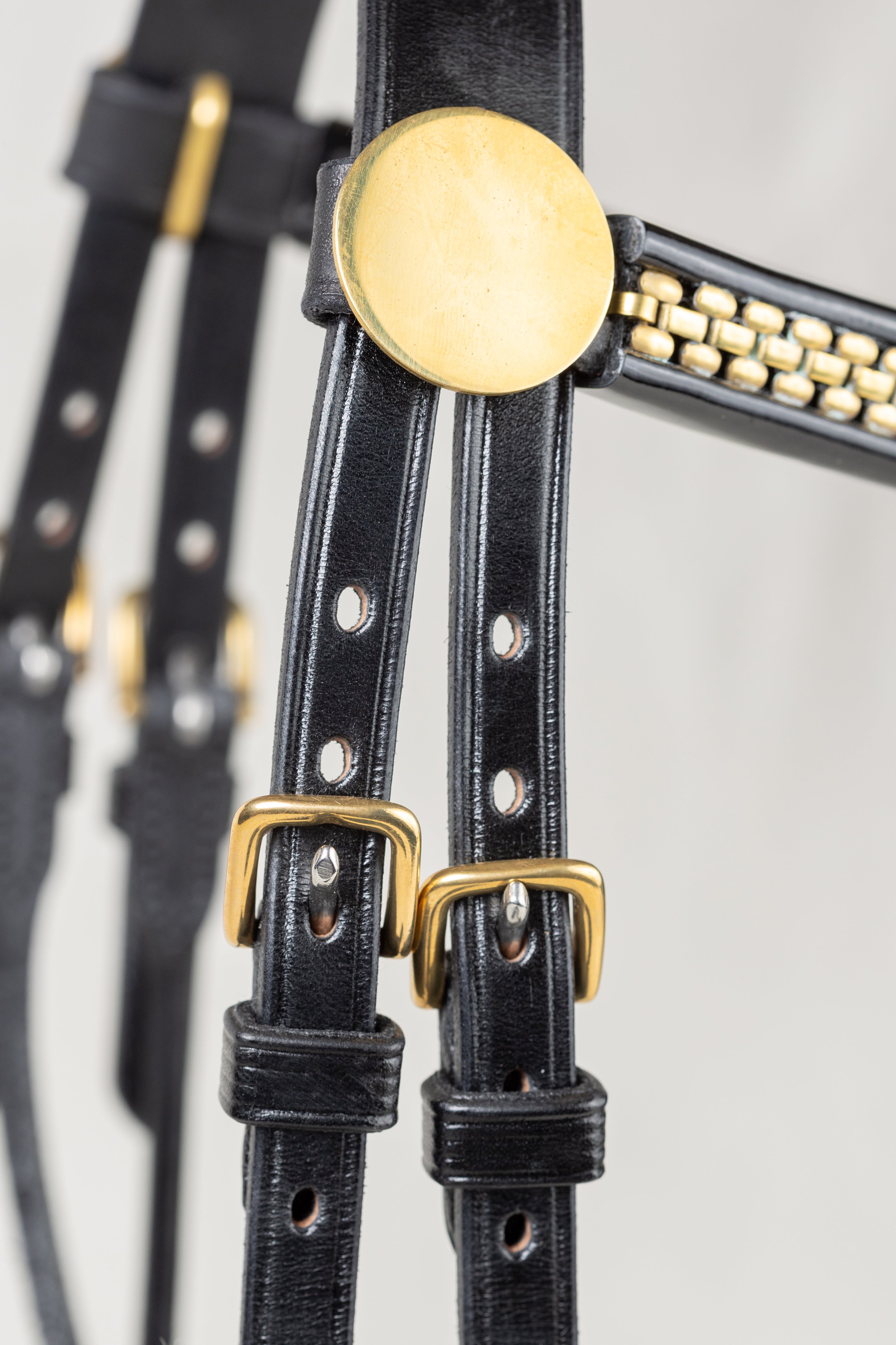 Close-up of a black leather strap accessory with polished gold-tone metal buckles and a round gold medallion, shown against a light neutral background.