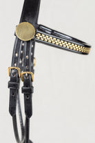 Black leather horse bridle headstall with gold-tone metal hardware, including a round medallion, buckles, and a decorative chain-like accent along the browband, shown against a plain light background.