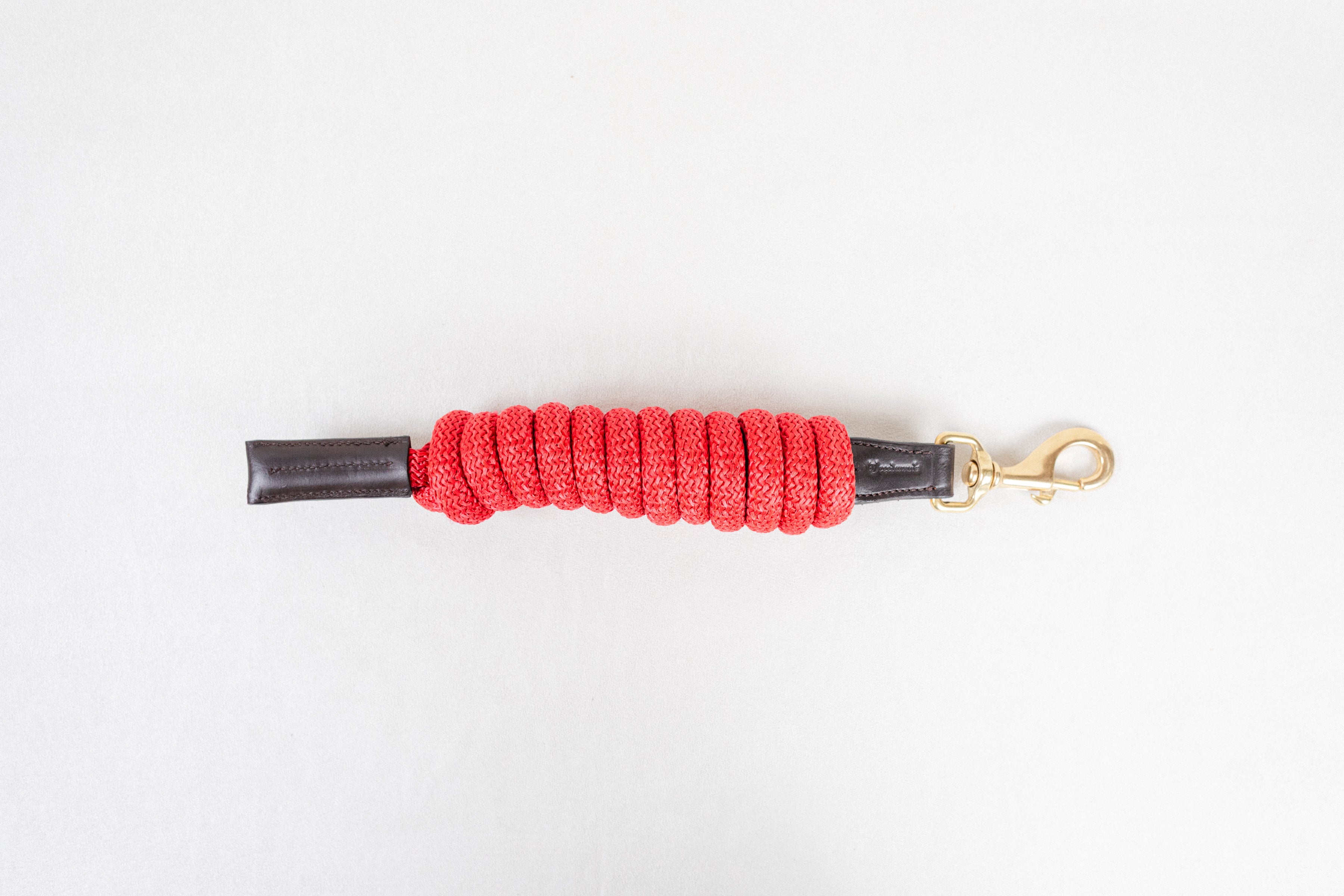 Freedman Harness red paracord poly lead rope with premium brown leather accents and a brass snap on a white background.