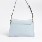 Back view of Trooper Shoulder Bag in aquamarine leather by Freedman Harness – structured silhouette with clean lines, top flap detail, and gold hardware
