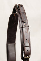 ACTraining Jog Pad with Belly Band, Brown Leather, Close-up of Belly Band with Freedman's Logo, Buckles and Stitching Detail